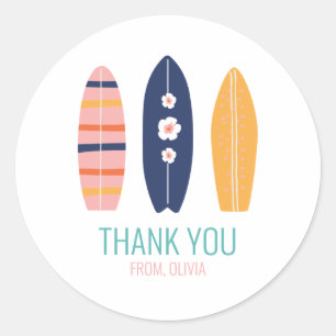 Sticker Rond Fille Planche de Surf Plage Anniversaire Cadeau de