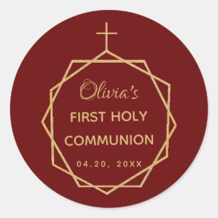 Sticker Rond Fille Première Communion Bourgogne Rouge Or modern