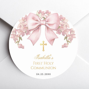 Sticker Rond Fille Première Communion Nœud Rose et Croix Dorée 