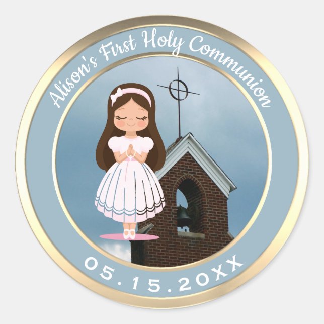 Sticker Rond Fille première sainte communion église or (Devant)