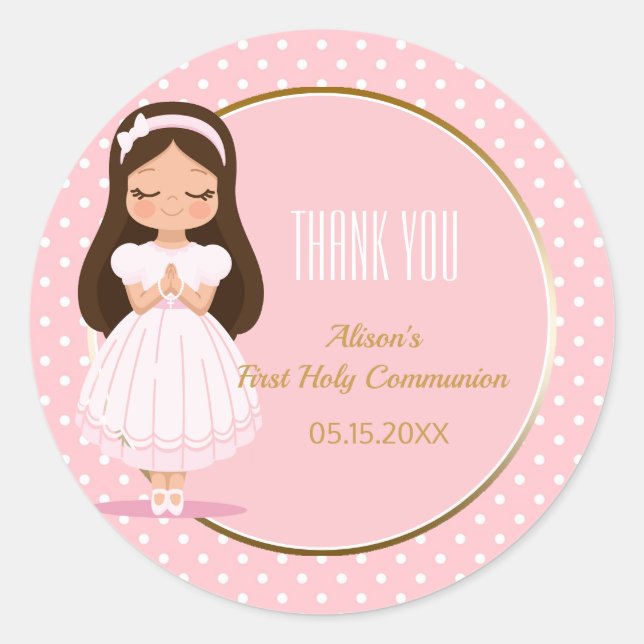 Sticker Rond Fille première sainte communion Pois roses or (Devant)