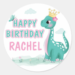 Sticker Rond Fille princesse Dinosaur rose et Turquoise fête d'