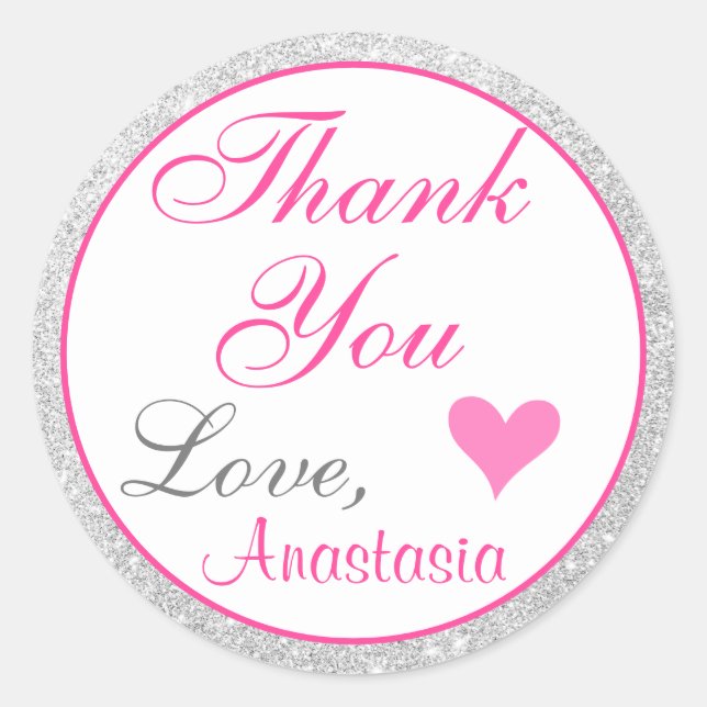 Sticker Rond Fille princesse rose et argent Merci Parties scint (Devant)