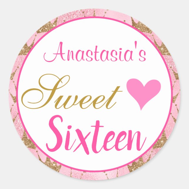 Sticker Rond Fille princesse rose Parties scintillant or Sweet  (Devant)
