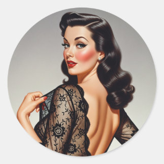 Sticker Rond Fille Rétro Brunette Pin-up Style Glamour 50's