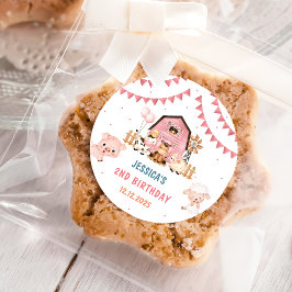 Sticker Rond Fille rose Animaux de ferme Anniversaire