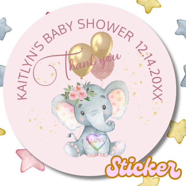 Sticker Rond Fille rose Baby shower d'éléphant floral Merci (Créateur téléchargé)