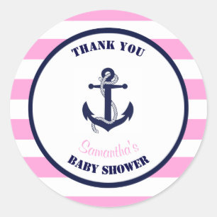 Sticker Rond Fille rose Baby shower nautique Merci favorise