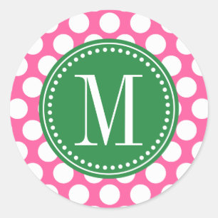 Sticker Rond Fille rose et vert foncé Gros Pois Monogramme