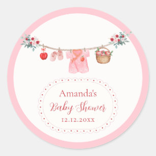 Sticker Rond Fille rose Fleur Pomme Linge bébé Shower 