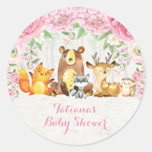 Sticker Rond Fille rose Floral Bois Bébé Animaux Merci