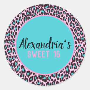 Sticker Rond Fille rose/léopard Turquoise sucré personnalisé 16