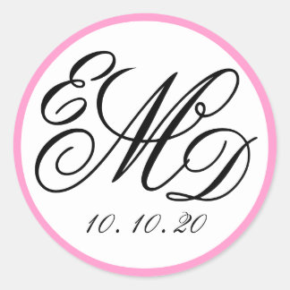 Sticker Rond Fille Rose, Noir Trois Initiales Mariage Monogramm