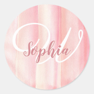 Sticker Rond Fille Rose or Aquarelle Blush Monogramme Nom
