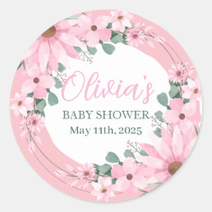Sticker Rond Fille rose rousse dans le Baby shower fleuri