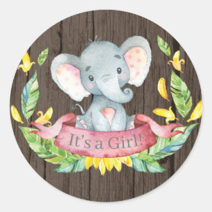 Sticker Rond Fille rustique éléphant Baby Shower Rose
