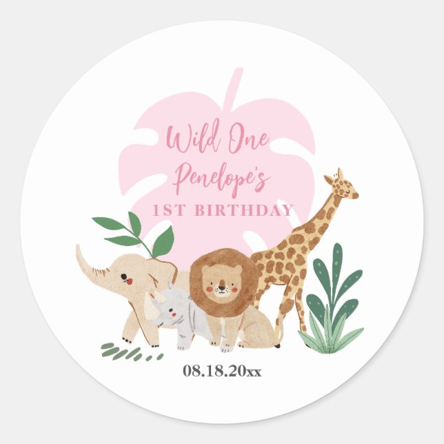 Sticker Rond Fille Safari 1er fête d'anniversaire (Devant)