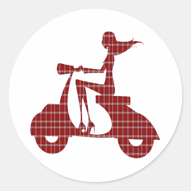 Sticker Rond fille scooter rouge blanc en vichy (Devant)
