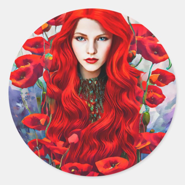 Sticker Rond Fille Se Cachant Dans Les Fleurs De Pavot L'art im (Devant)