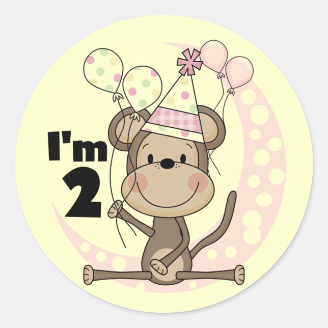 Sticker Rond Fille singe en Casquette de fête 2e anniversaire (Devant)
