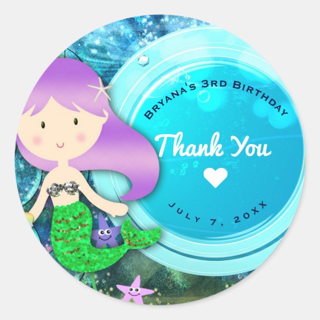 Sticker Rond Fille Sirène Anniversaire Fête Enchantée Sea Faveu (Devant)