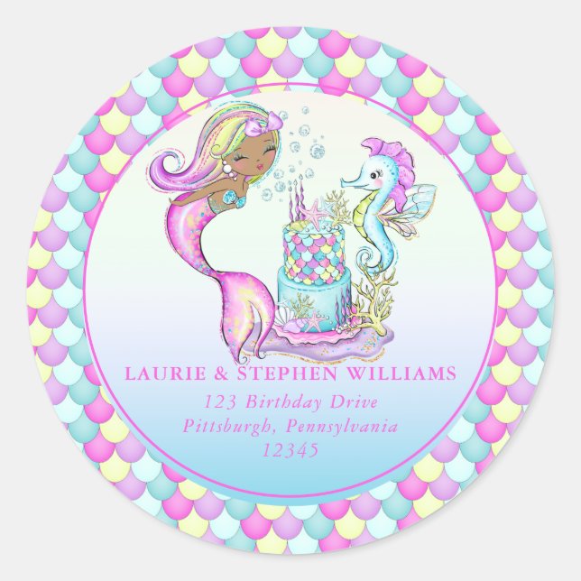 Sticker Rond Fille Sirène de couleur 1er anniversaire Adresse d (Devant)