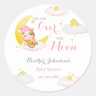 Sticker Rond Fille sous la Lune Vache Baby Shower