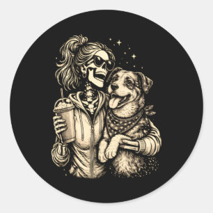 Sticker Rond Fille squelette cool avec chien - Amoureux gothiqu