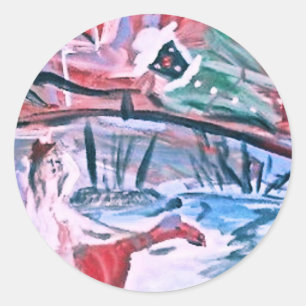 STICKER ROND FILLE SUR UN CHAMEAU ROUGE