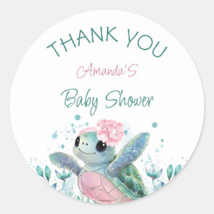 Sticker Rond Fille Tortue de Mer Baby Shower Merci