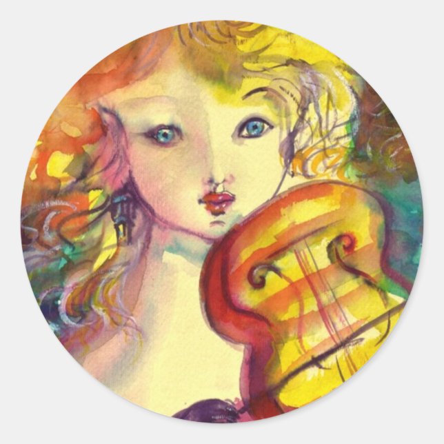 STICKER ROND FILLE VIOLINISTE, VIOLIN ET CAT (Devant)