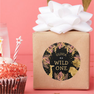 Sticker Rond Filles 1er Anniversaire Fête Pink Gold Black Safar