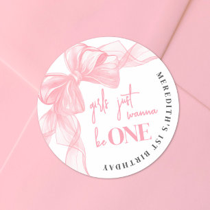 Sticker Rond Filles au nœud rose 1er anniversaire