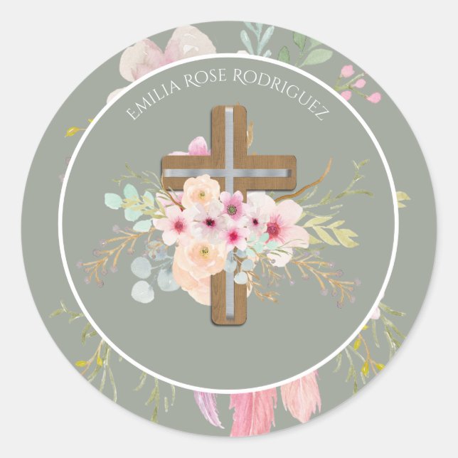 Sticker Rond Filles Croix Florale Bautizo Baptême rose Fleurs (Devant)