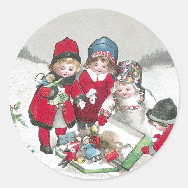 Sticker Rond Filles dans des manteaux rouges avec des poupées (Devant)
