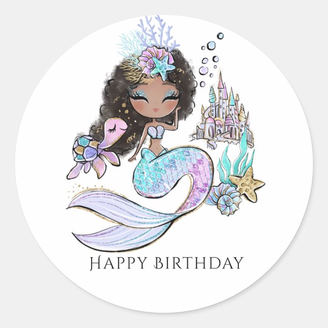Sticker Rond Filles de sirènes d'été Anniversaire rose (Devant)