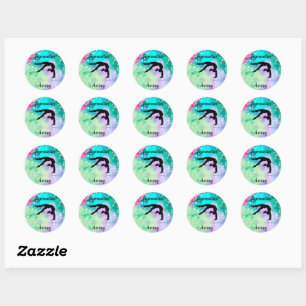 Sticker Rond Filles Gymnastique Aquarelle avec Coeurs flottants