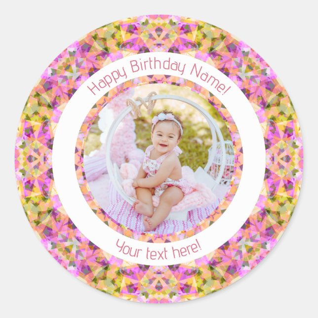 Sticker Rond Filles Joyeux Anniversaire Été Rose Étoile Personn (Devant)