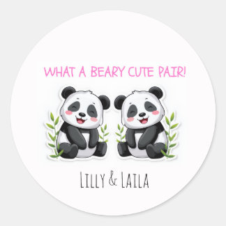 Sticker Rond Filles Jumelles, Ours Panda, Fête de Naissance de