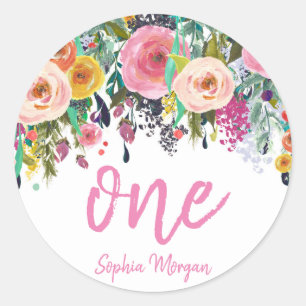 Sticker Rond Filles mignonnes 1ère fête d'anniversaire Peach ro