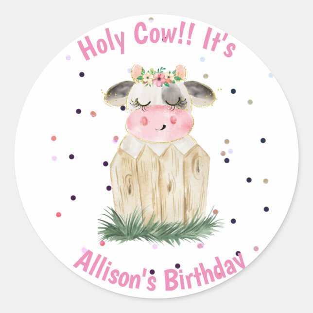 Sticker Rond Filles mignonnes Sainte Vache Fête d'anniversaire  (Devant)