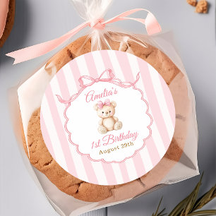 Sticker Rond Filles Ourson Rose Ruban Rayures 1er Anniversaire