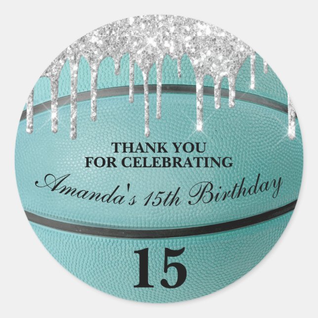 Sticker Rond Filles Parties scintillant Turquoise Drip Basketba (Devant)