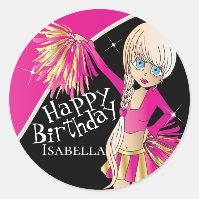 Sticker Rond Filles Pom Pom Pom-pom girl mignonnes | Rose (Devant)