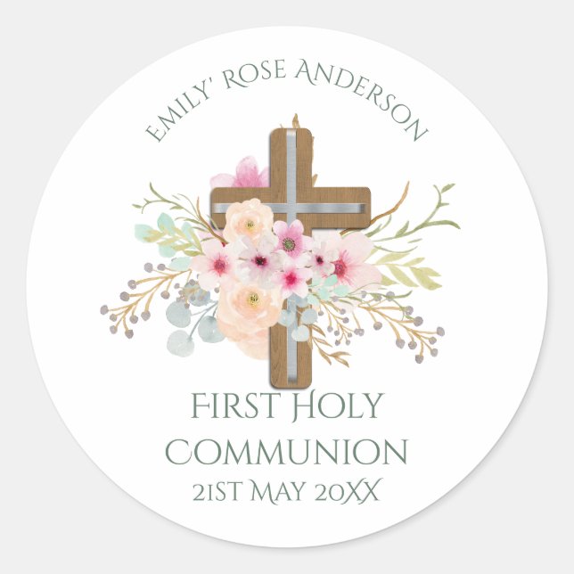 Sticker Rond Filles Première Sainte Communion Croix Florale Cus (Devant)