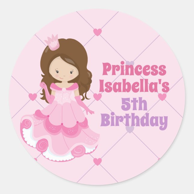 Sticker Rond Filles princesse rose mignonne Personnalisée Anniv (Devant)