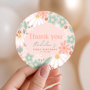 Sticker Rond Filles Rose Fleur sauvage Daisy 1er Anniversaire F