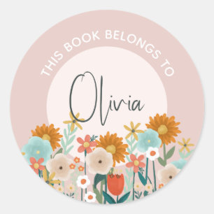 Sticker Rond Filles Rose Floral 'Ce Livre Appartient' Fleurs
