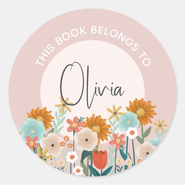 Sticker Rond Filles Rose Floral 'Ce Livre Appartient' Fleurs (Devant)