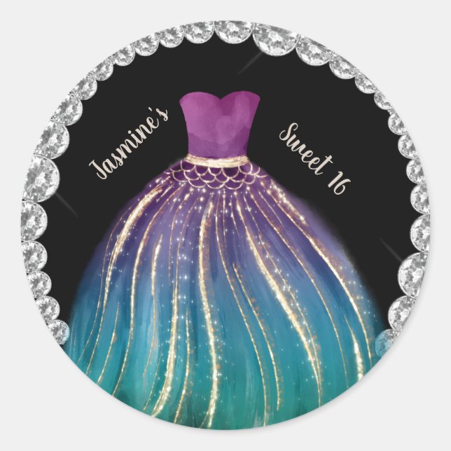 Sticker Rond Filles Sweet 16 Ombre robe et strass (Devant)